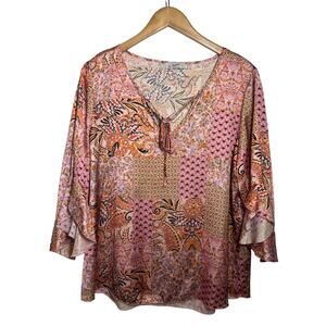 Via Condotti Top Women XL Pink Floral Patch Print Italy Curvy Blouse 3/4 Sleeve